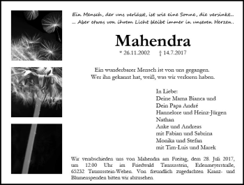 Traueranzeige von Mahendra  von Trauerportal Rhein Main Presse