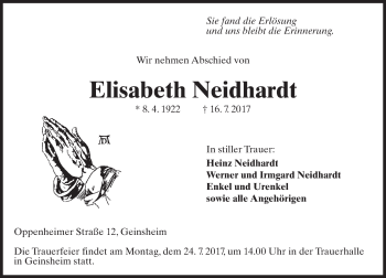 Traueranzeige von Elisabeth Neidhardt von Trauerportal Echo Online