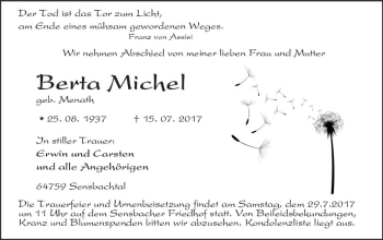 Traueranzeige von Berta Michel von Trauerportal Echo Online