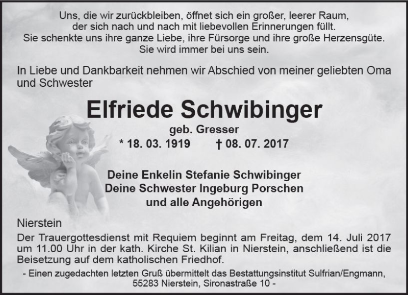  Traueranzeige für Elfriede Schwibinger vom 12.07.2017 aus Trauerportal Rhein Main Presse