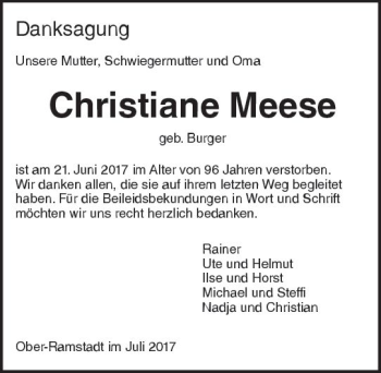 Traueranzeige von Christiane Meese von Trauerportal Echo Online