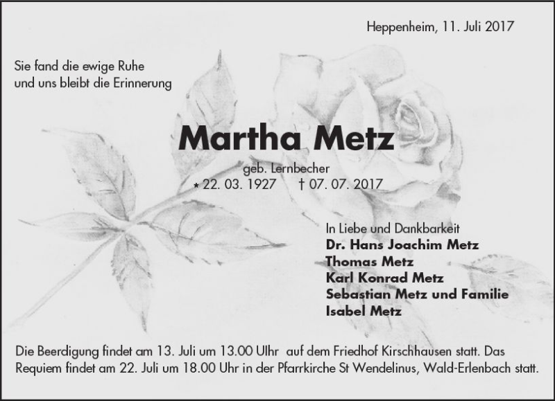  Traueranzeige für Martha Metz vom 11.07.2017 aus Trauerportal Echo Online