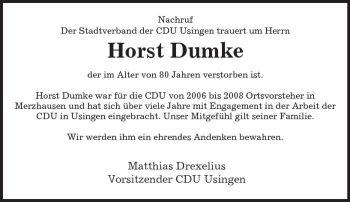 Traueranzeige von Horst Dumke von  Usinger Anzeiger