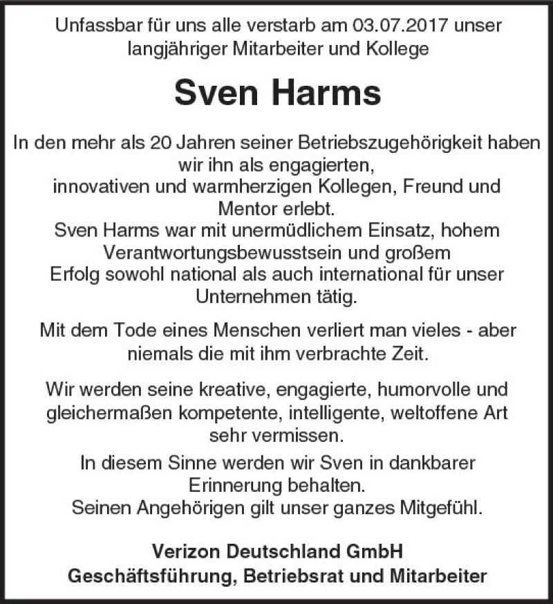  Traueranzeige für Sven Harms vom 08.07.2017 aus Trauerportal Echo Online