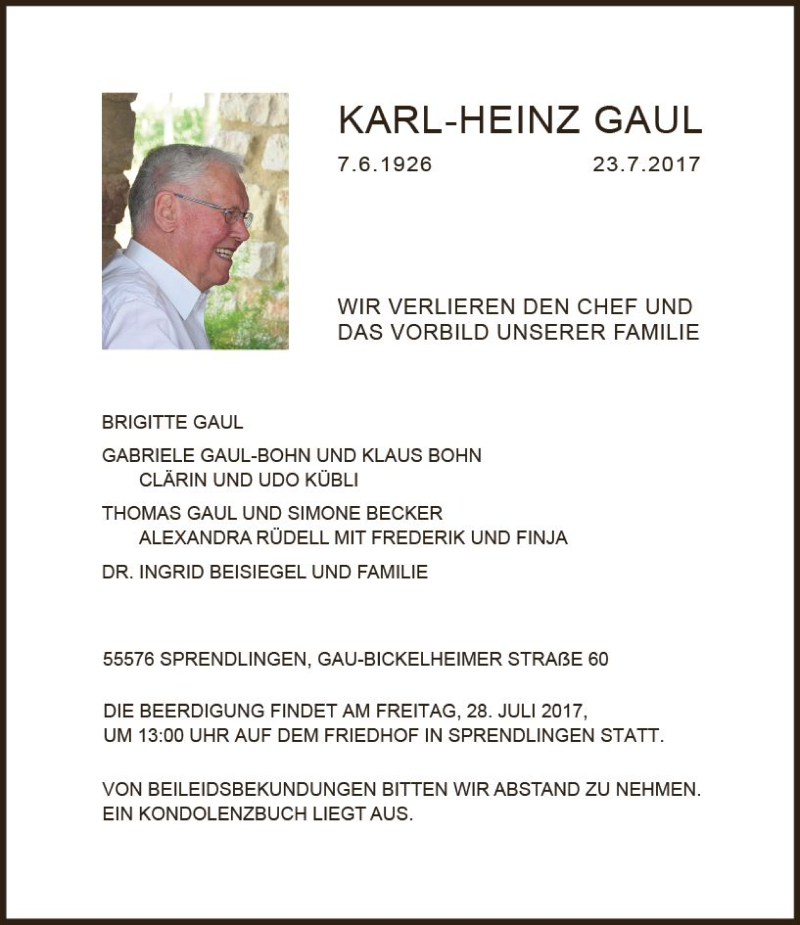  Traueranzeige für Karl-Heinz Gaul vom 26.07.2017 aus Trauerportal Rhein Main Presse