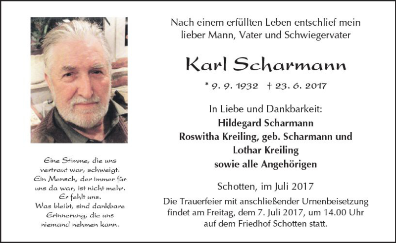  Traueranzeige für Karl Scharmann vom 01.07.2017 aus  Kreisanzeiger