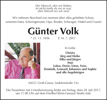 Traueranzeige von Günter Volk von Trauerportal Echo Online