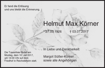 Traueranzeige von Helmut Max Körner von Trauerportal Echo Online