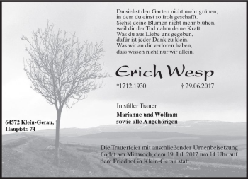 Traueranzeige von Erich Wesp von Trauerportal Echo Online