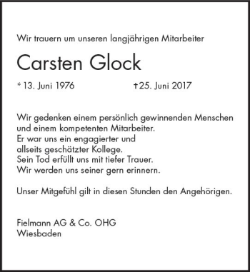 Traueranzeige von Carsten Glock von Trauerportal Rhein Main Presse