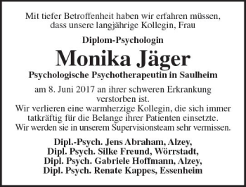 Traueranzeige von Monika Jäger von Trauerportal Rhein Main Presse