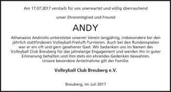 Traueranzeige von Andy  von Trauerportal Echo Online