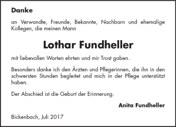 Traueranzeige von Lothar Fundheller von Trauerportal Echo Online