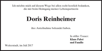 Traueranzeige von Doris Reinheimer von Trauerportal Echo Online