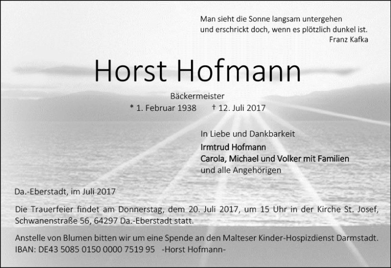  Traueranzeige für Horst Hofmann vom 15.07.2017 aus Trauerportal Echo Online
