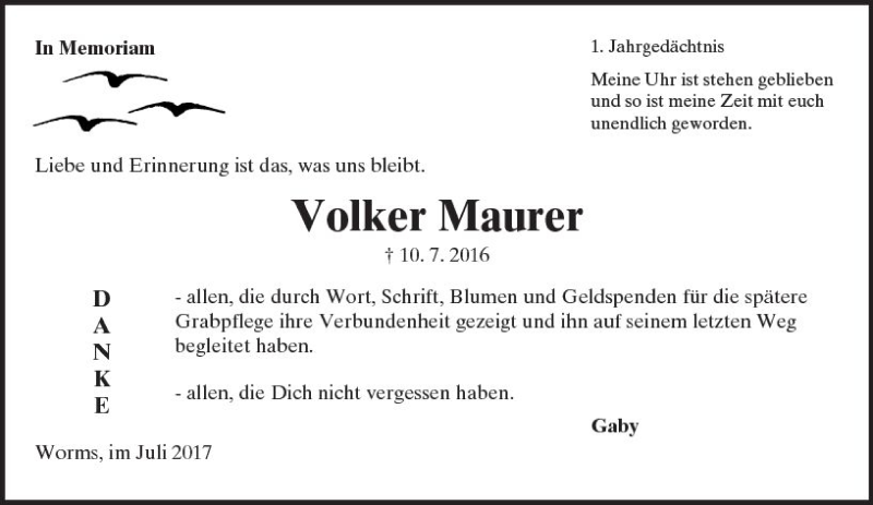  Traueranzeige für Volker Maurer vom 10.07.2017 aus Trauerportal Rhein Main Presse
