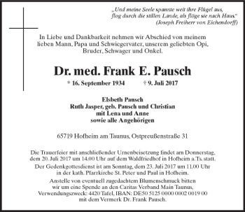 Traueranzeige von Frank E. Pausch von Trauerportal Rhein Main Presse