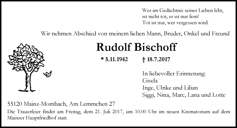  Traueranzeige für Rudolf Bischoff vom 20.07.2017 aus Trauerportal Rhein Main Presse