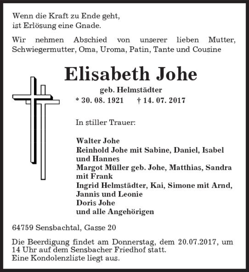  Traueranzeige für Elisabeth Johe vom 18.07.2017 aus Trauerportal Echo Online