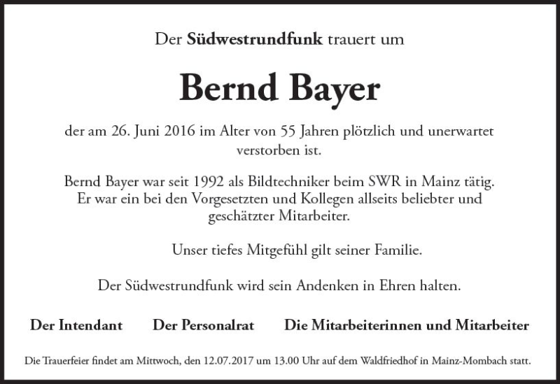  Traueranzeige für Bernd Bayer vom 11.07.2017 aus Trauerportal Rhein Main Presse
