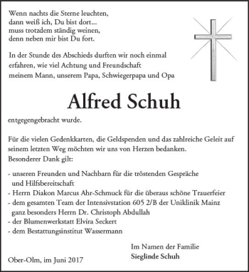 Traueranzeige von Alfred Schuh von Trauerportal Rhein Main Presse