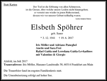 Traueranzeige von Elsbeth Spöhrer von VRM Trauer
