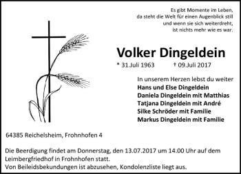 Traueranzeige von Volker Dingeldein von Trauerportal Echo Online