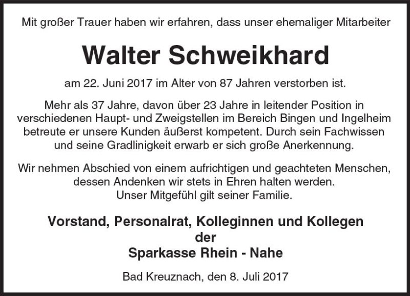  Traueranzeige für Walter Schweikhard vom 08.07.2017 aus Trauerportal Rhein Main Presse