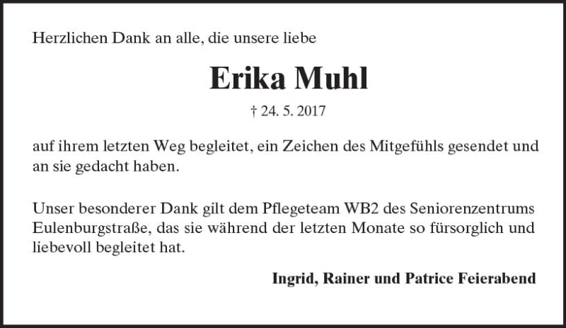  Traueranzeige für Erika Muhl vom 06.07.2017 aus Trauerportal Rhein Main Presse