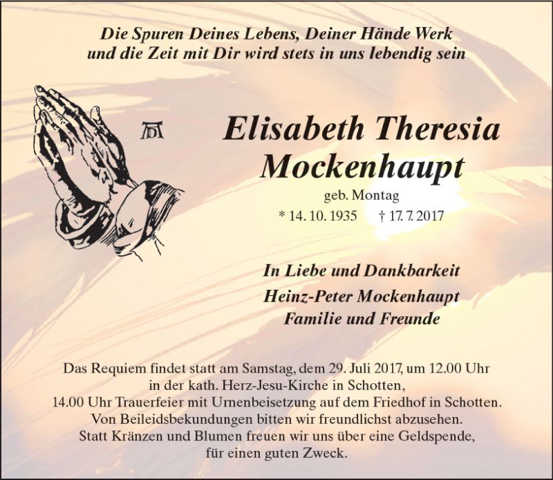  Traueranzeige für Elisabeth Theresia Mockenhaupt vom 22.07.2017 aus  Kreisanzeiger