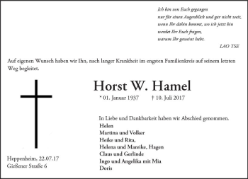 Traueranzeige von Horst W. Hamel von Trauerportal Echo Online