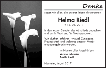 Traueranzeige von Helma Riedl von Trauerportal Rhein Main Presse