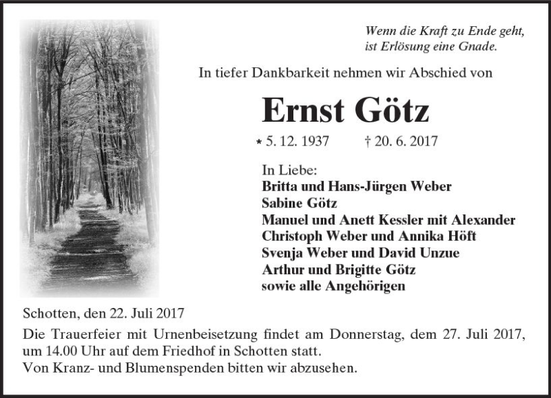  Traueranzeige für Ernst Götz vom 22.07.2017 aus  Kreisanzeiger