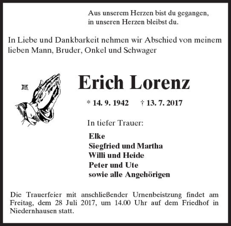 Traueranzeige für Erich Lorenz vom 26.07.2017 aus Trauerportal Echo Online