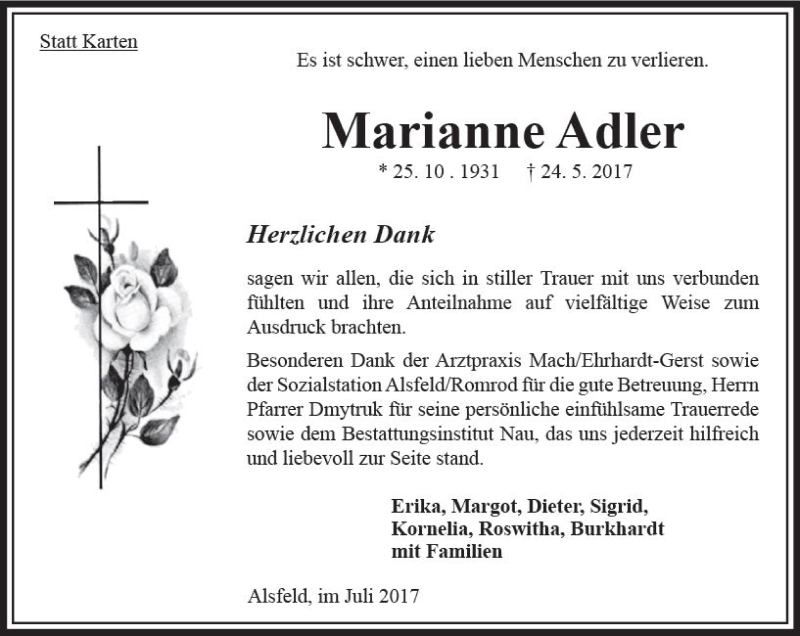  Traueranzeige für Marianne Adler vom 01.07.2017 aus VRM Trauer