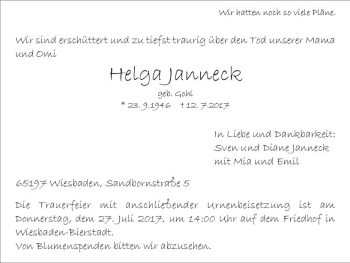 Traueranzeige von Helga Janneck von Trauerportal Rhein Main Presse