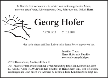 Traueranzeige von Georg Hofer von Trauerportal Rhein Main Presse