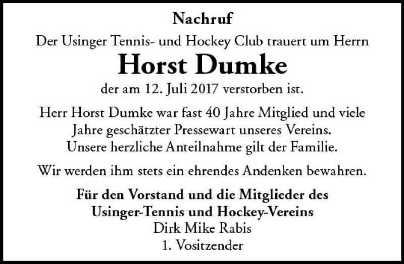  Traueranzeige für Horst Dumke vom 22.07.2017 aus  Usinger Anzeiger