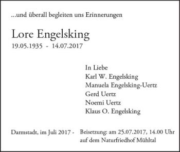 Traueranzeige von Lore Engelsking von Trauerportal Echo Online