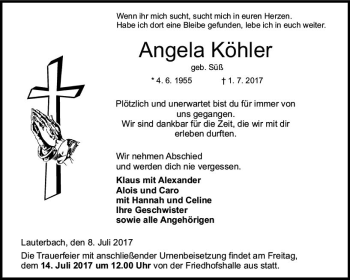 Traueranzeige von Angela Köhler von VRM Trauer