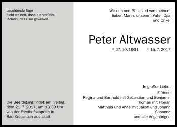Traueranzeige von Peter Altwasser von Trauerportal Rhein Main Presse