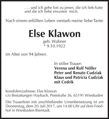Traueranzeige von Else Klawon von Trauerportal Rhein Main Presse