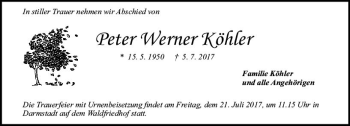 Traueranzeige von Peter Werner Köhler von Trauerportal Echo Online