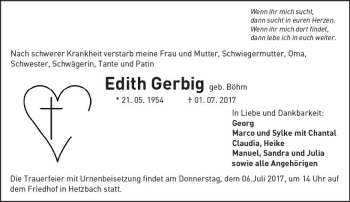 Traueranzeige von Edith Gerbig von Trauerportal Echo Online