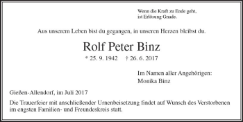 Traueranzeige von Rolf Peter Binz von  Gießener Anzeiger