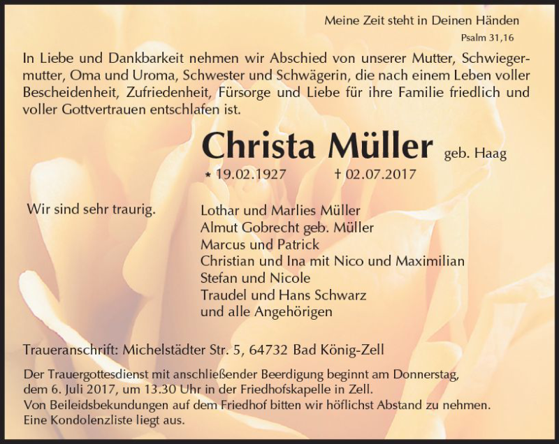  Traueranzeige für Christa Müller vom 05.07.2017 aus Trauerportal Echo Online