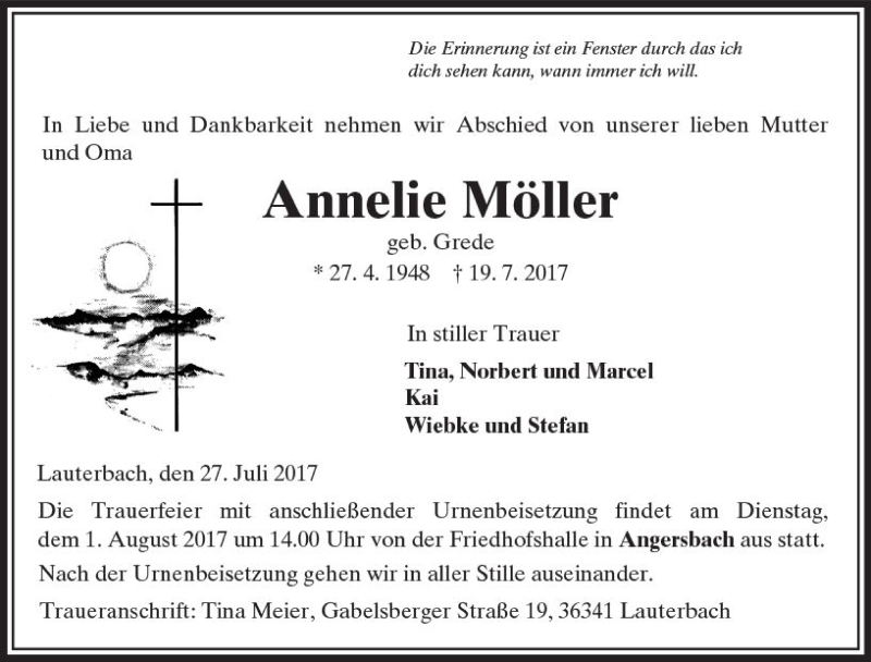  Traueranzeige für Annelie Möller vom 27.07.2017 aus VRM Trauer