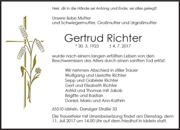 Traueranzeige von Gertrud Richter von Trauerportal Rhein Main Presse