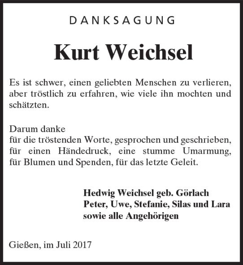  Traueranzeige für Kurt Weichsel vom 08.07.2017 aus  Gießener Anzeiger