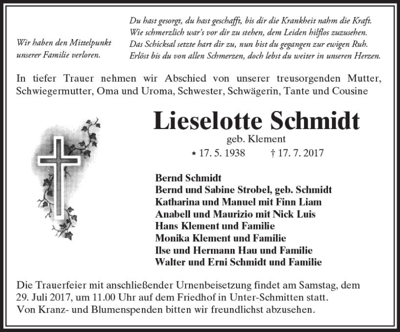  Traueranzeige für Lieselotte Schmidt vom 22.07.2017 aus  Kreisanzeiger
